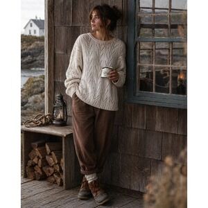 Vintage‎ Cuddle Knit Pointelle Cable Knit Fisherman Sweater Oversized Cabincore